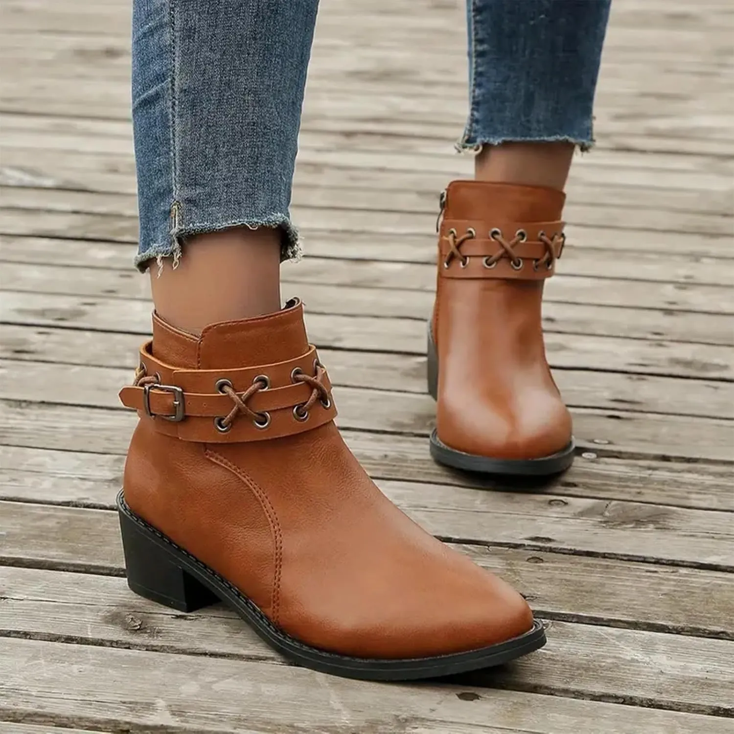 Womens Boots Retro Button Chain Thick Heel Round Toe Fashion Boots for Women Durable Soft Leather Winter Boots
