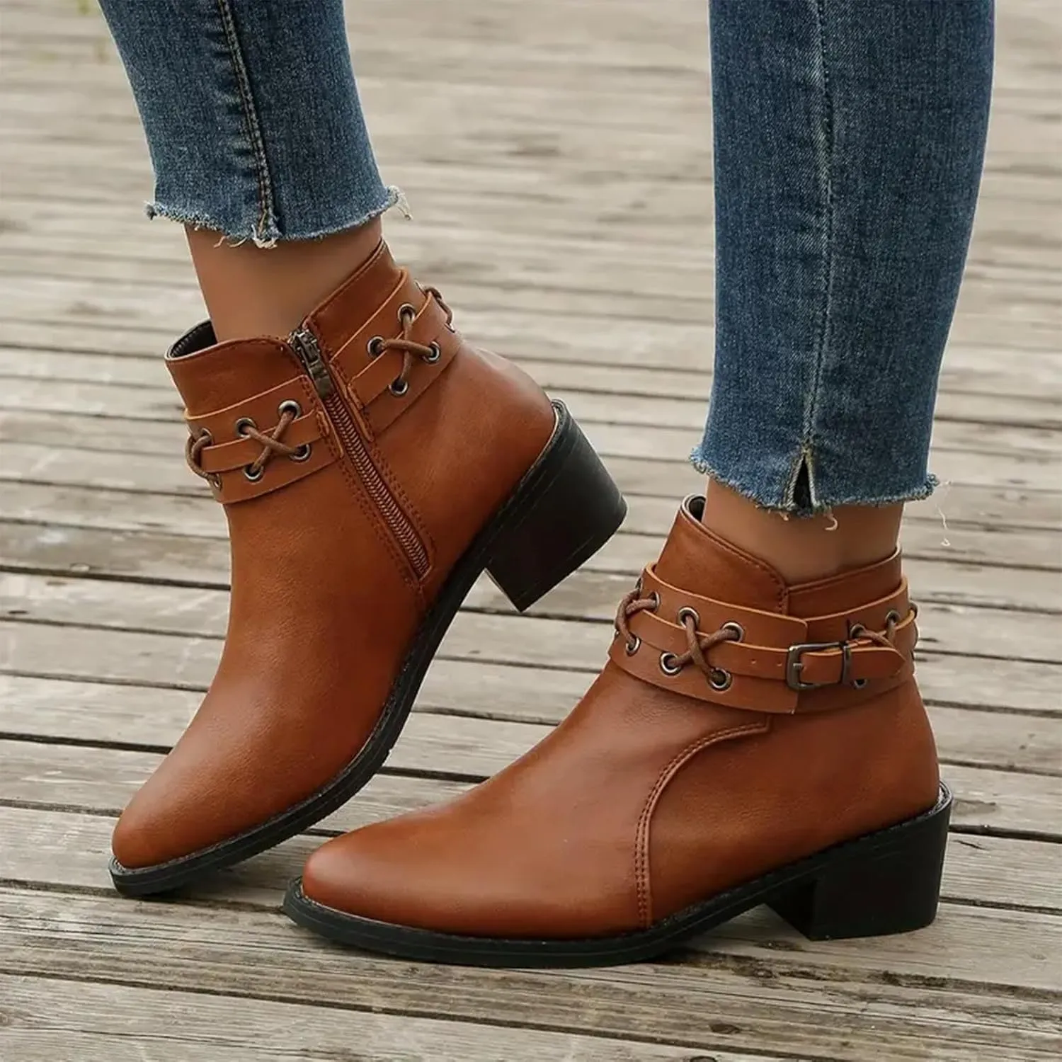 Womens Boots Retro Button Chain Thick Heel Round Toe Fashion Boots for Women Durable Soft Leather Winter Boots