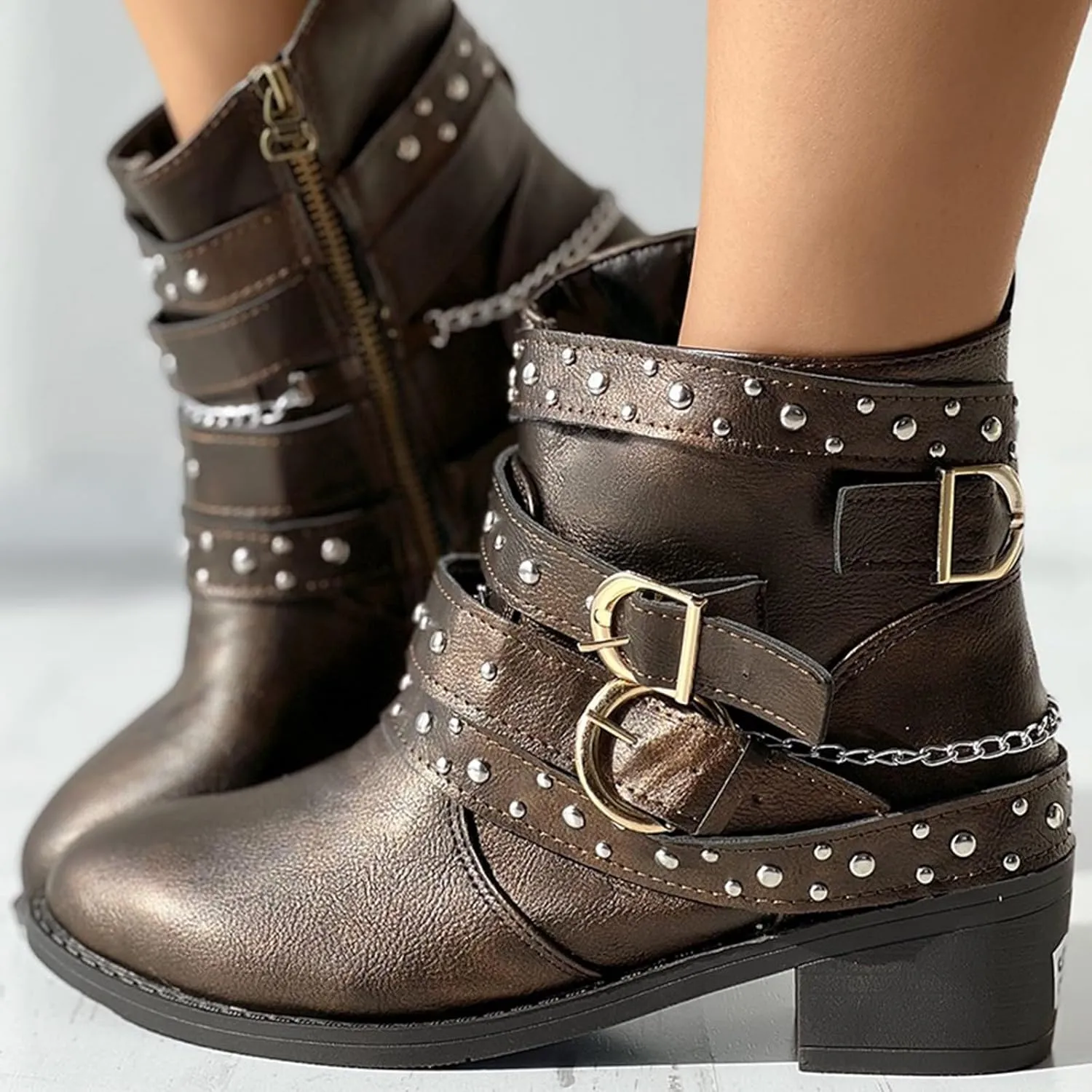 Womens Boots Retro Button Chain Thick Heel Round Toe Fashion Boots for Women Durable Soft Leather Winter Boots