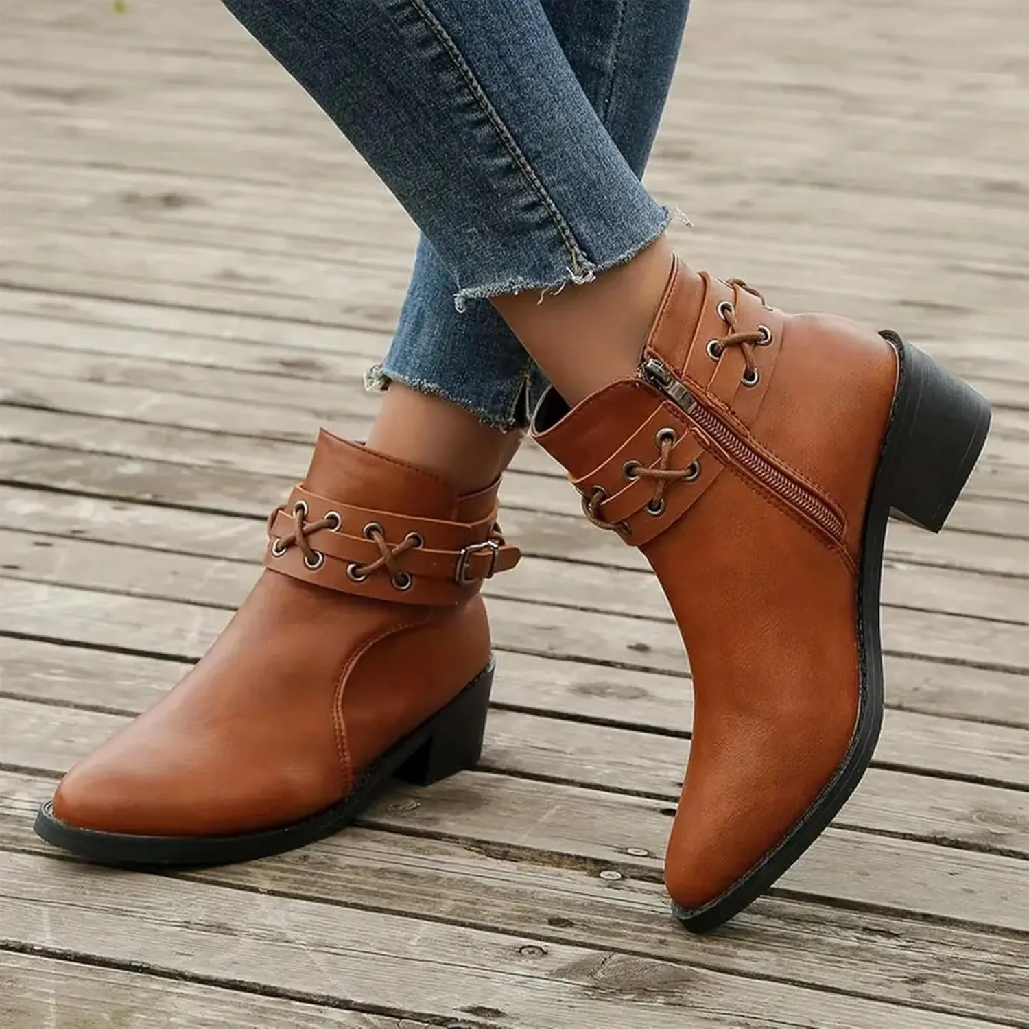Womens Boots Retro Button Chain Thick Heel Round Toe Fashion Boots for Women Durable Soft Leather Winter Boots
