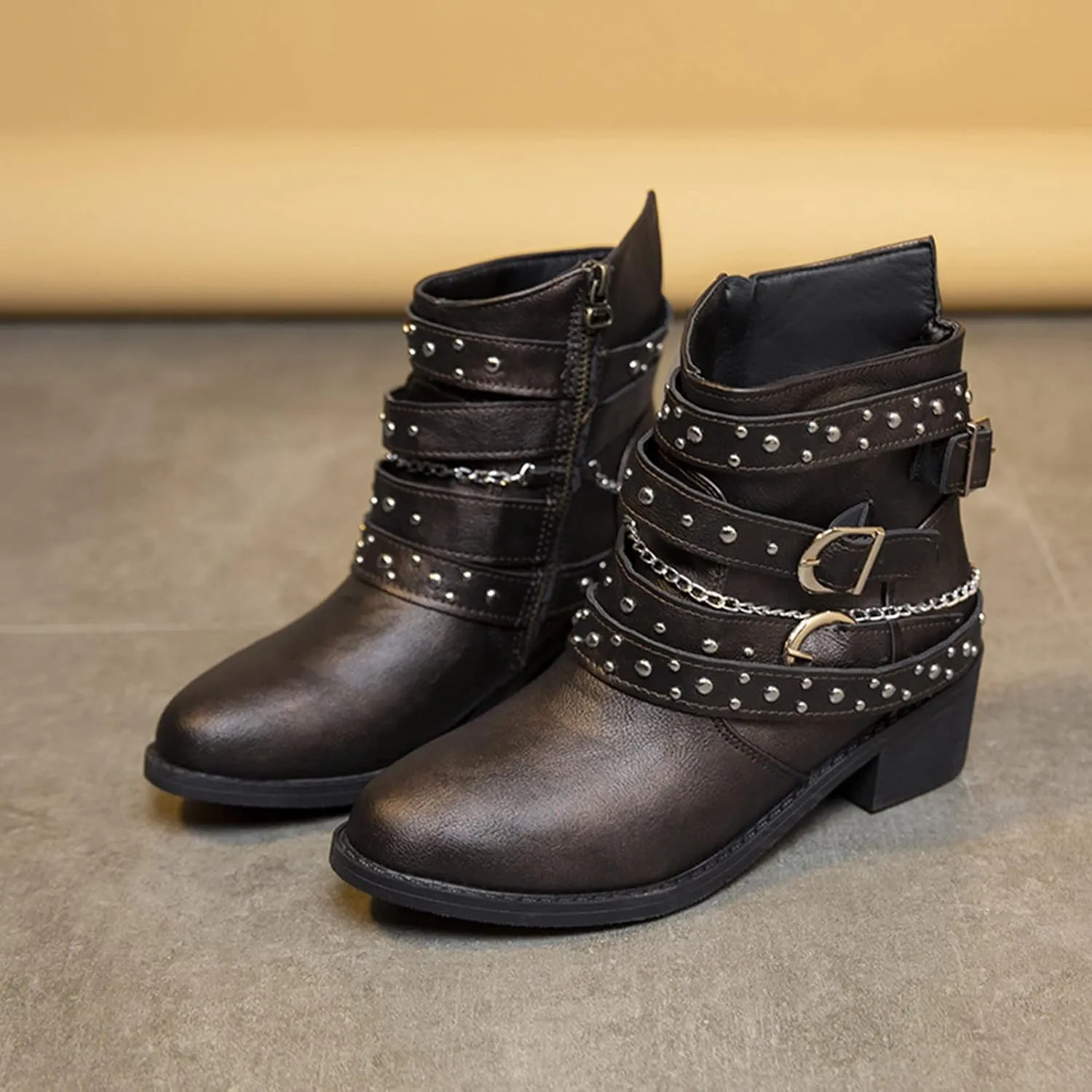 Womens Boots Retro Button Chain Thick Heel Round Toe Fashion Boots for Women Durable Soft Leather Winter Boots