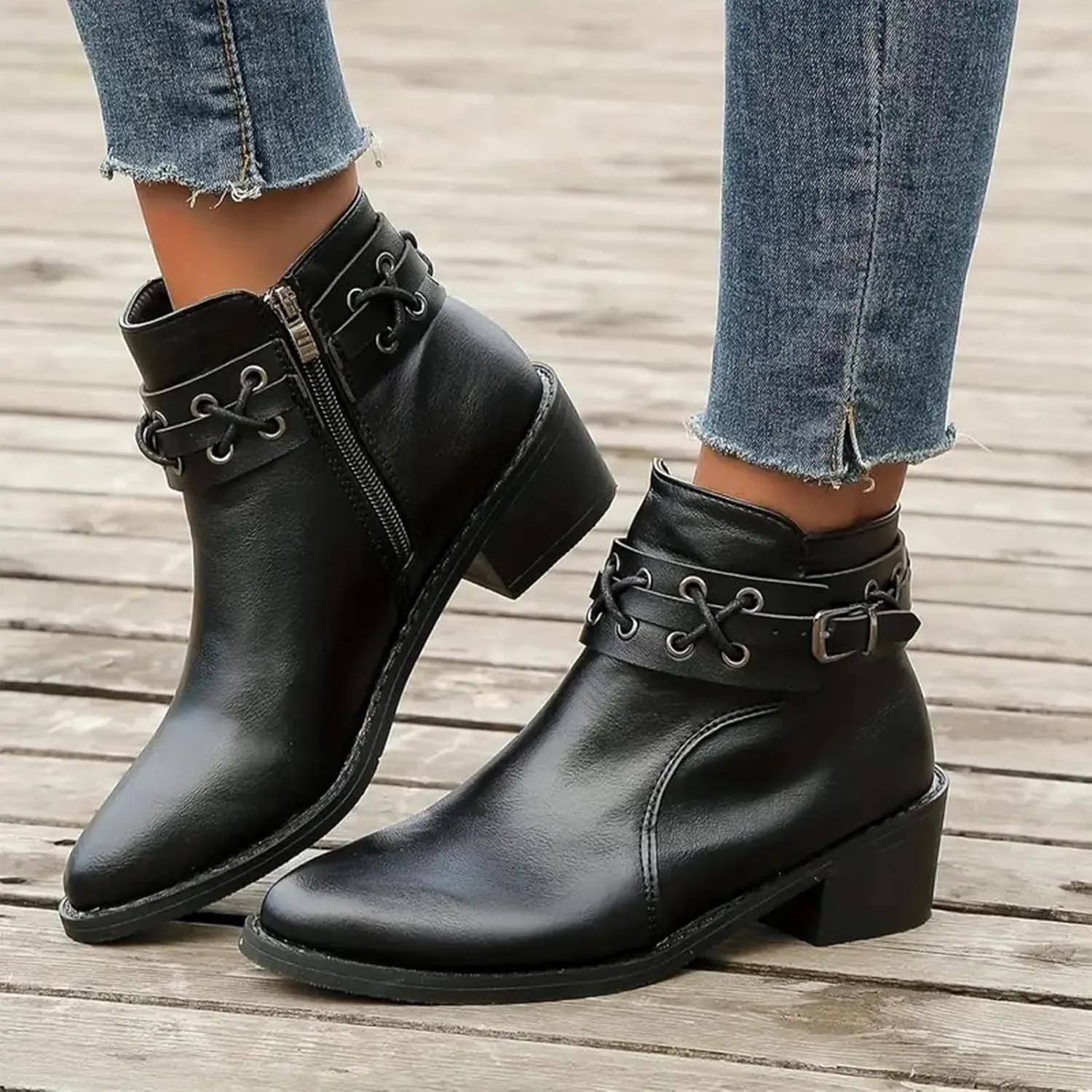 Womens Boots Retro Button Chain Thick Heel Round Toe Fashion Boots for Women Durable Soft Leather Winter Boots