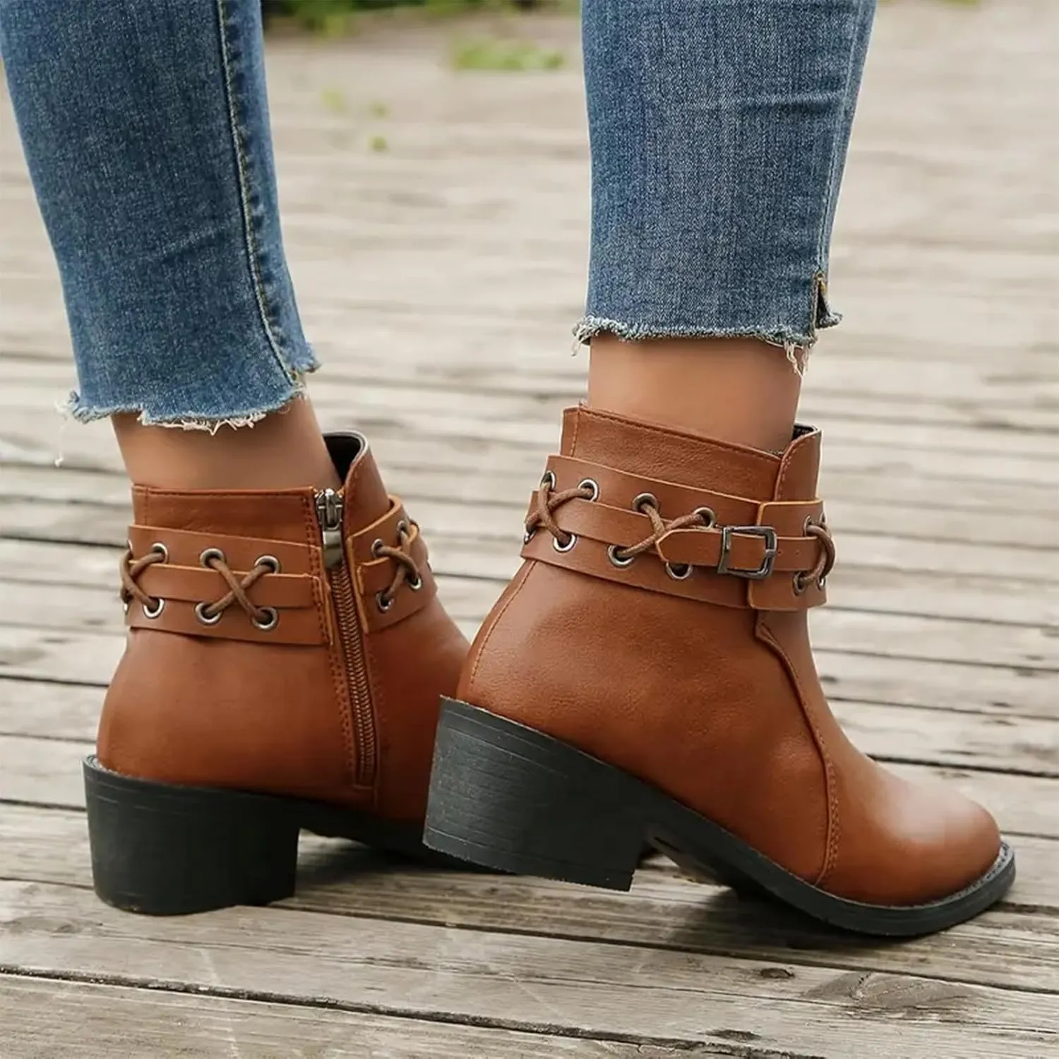 Womens Boots Retro Button Chain Thick Heel Round Toe Fashion Boots for Women Durable Soft Leather Winter Boots