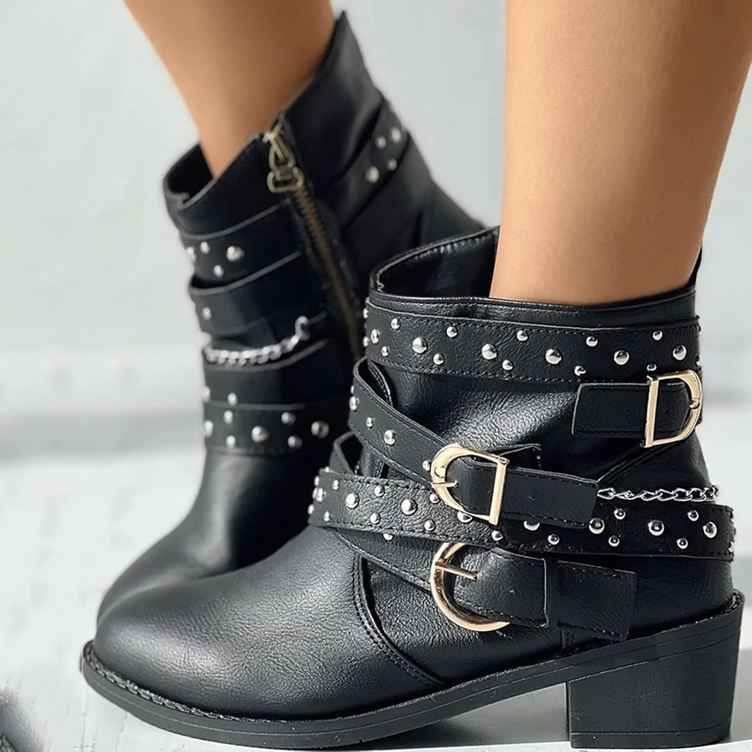 Womens Boots Retro Button Chain Thick Heel Round Toe Fashion Boots for Women Durable Soft Leather Winter Boots