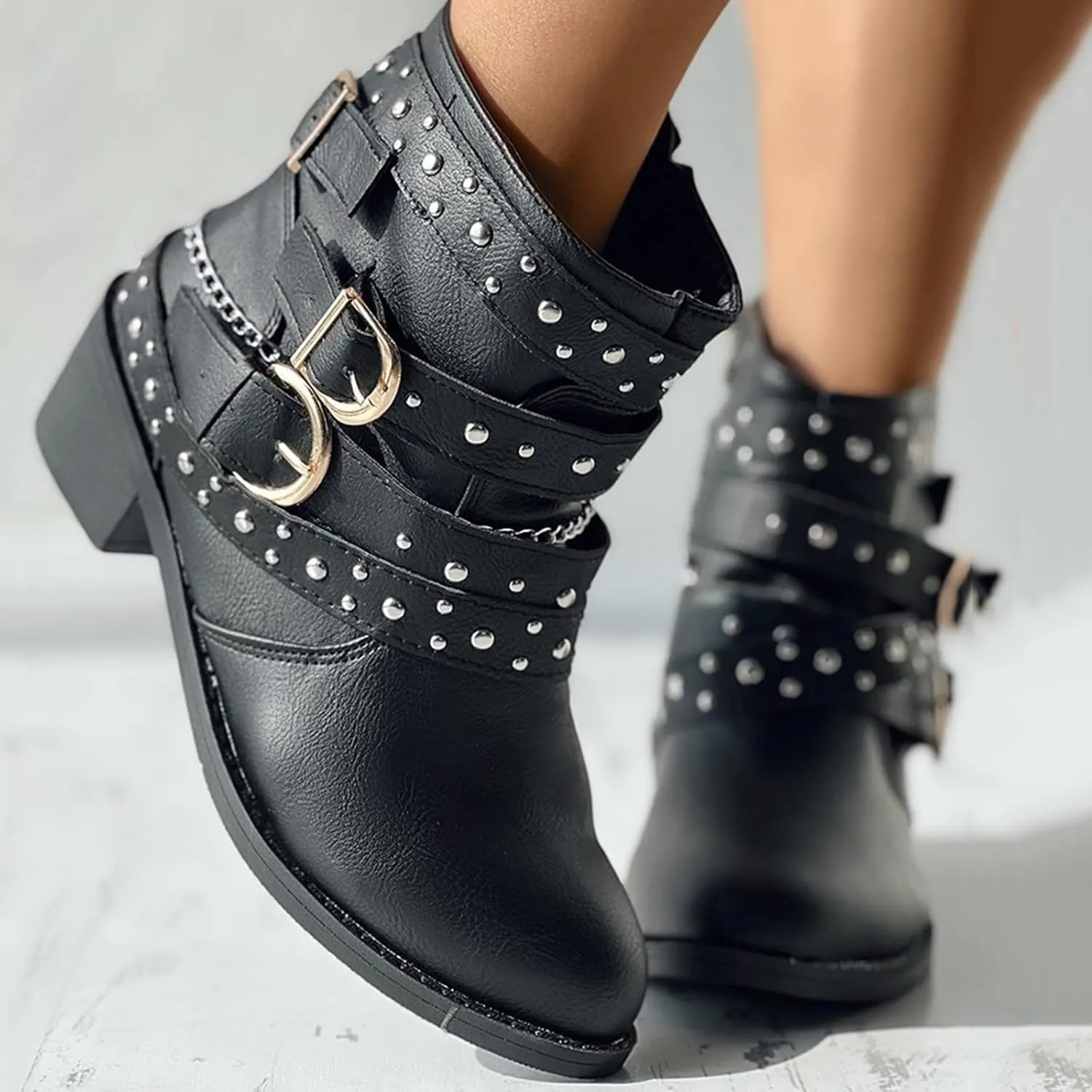 Womens Boots Retro Button Chain Thick Heel Round Toe Fashion Boots for Women Durable Soft Leather Winter Boots