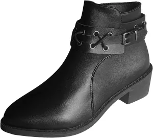 Womens Boots Retro Button Chain Thick Heel Round Toe Fashion Boots for Women Durable Soft Leather Winter Boots