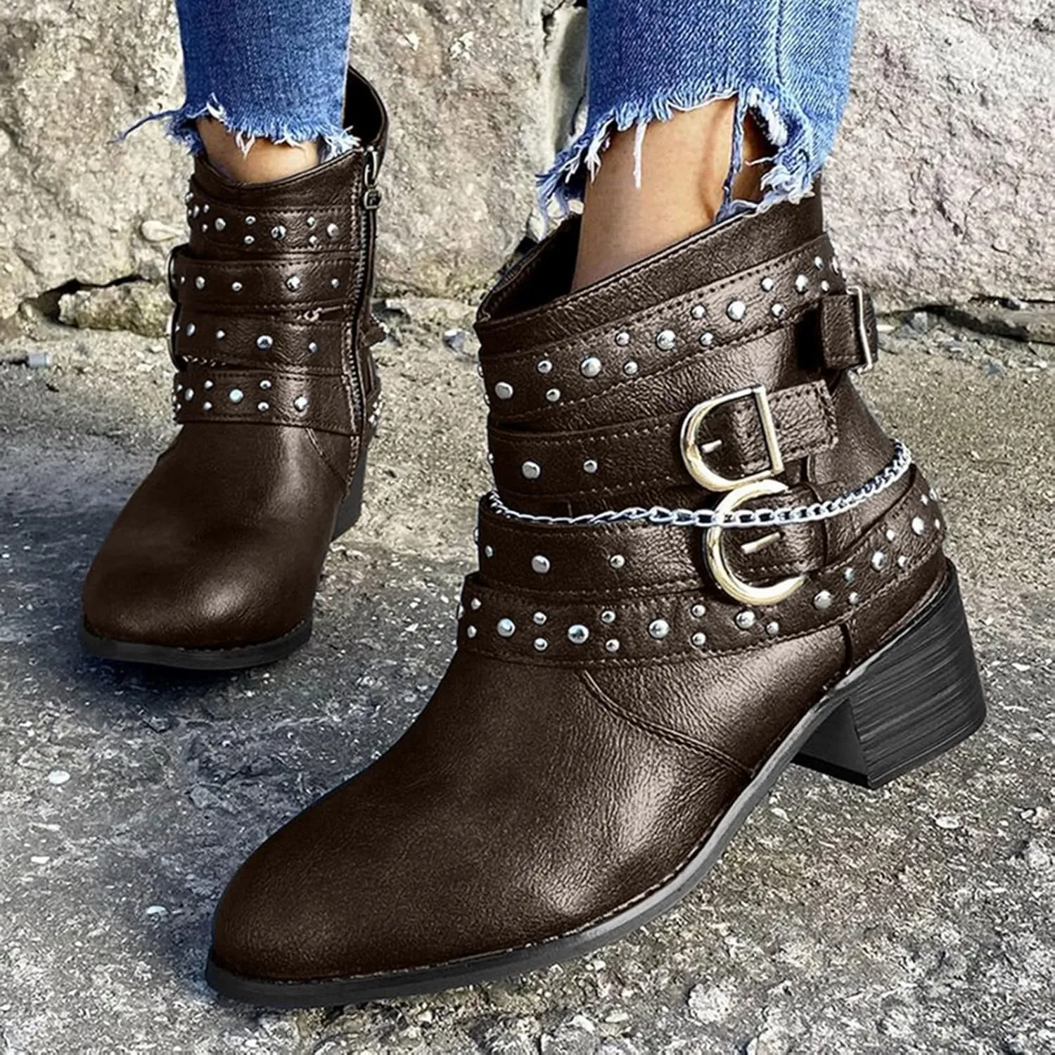 Womens Boots Retro Button Chain Thick Heel Round Toe Fashion Boots for Women Durable Soft Leather Winter Boots