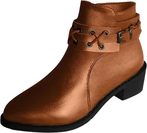 Womens Boots Retro Button Chain Thick Heel Round Toe Fashion Boots for Women Durable Soft Leather Winter Boots