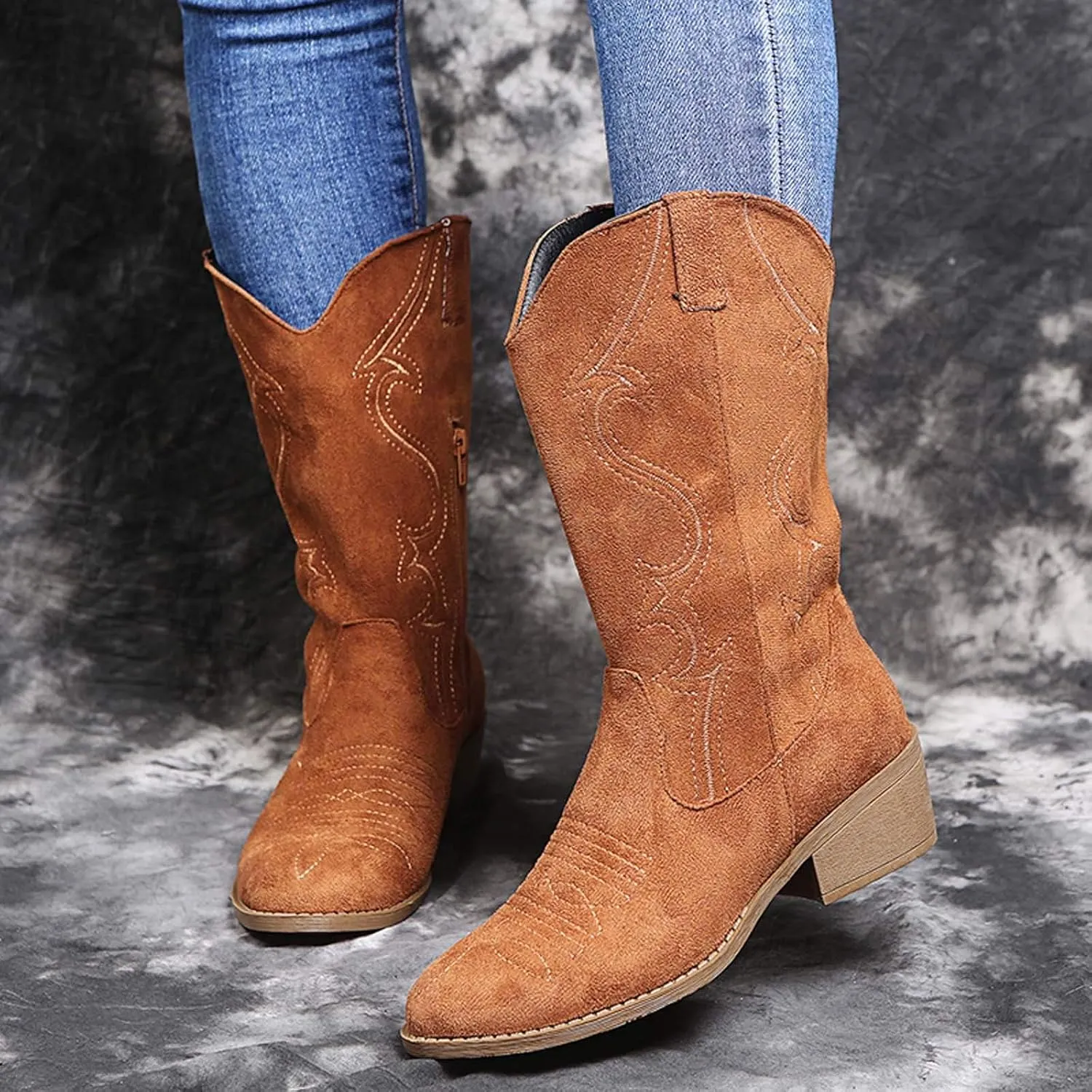 Womens Boots Retro Pattern Solid Color Square Heel Boots for Women Side Zipper Durable Soles Mid-Calf Boots