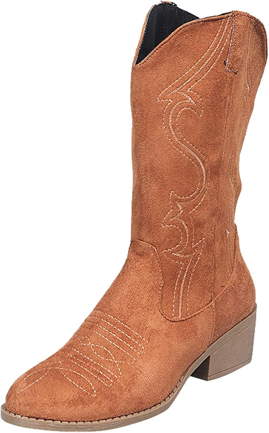 Womens Boots Retro Pattern Solid Color Square Heel Boots for Women Side Zipper Durable Soles Mid-Calf Boots