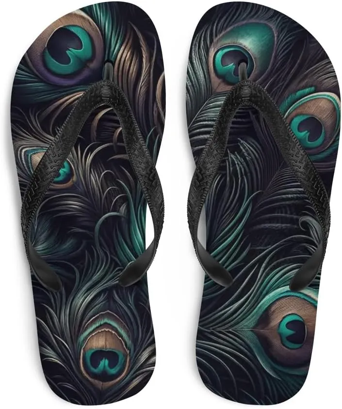 Women's Dark Peacock Feather - Lightweight Comfy Soft Sole Flip Flop Sandals