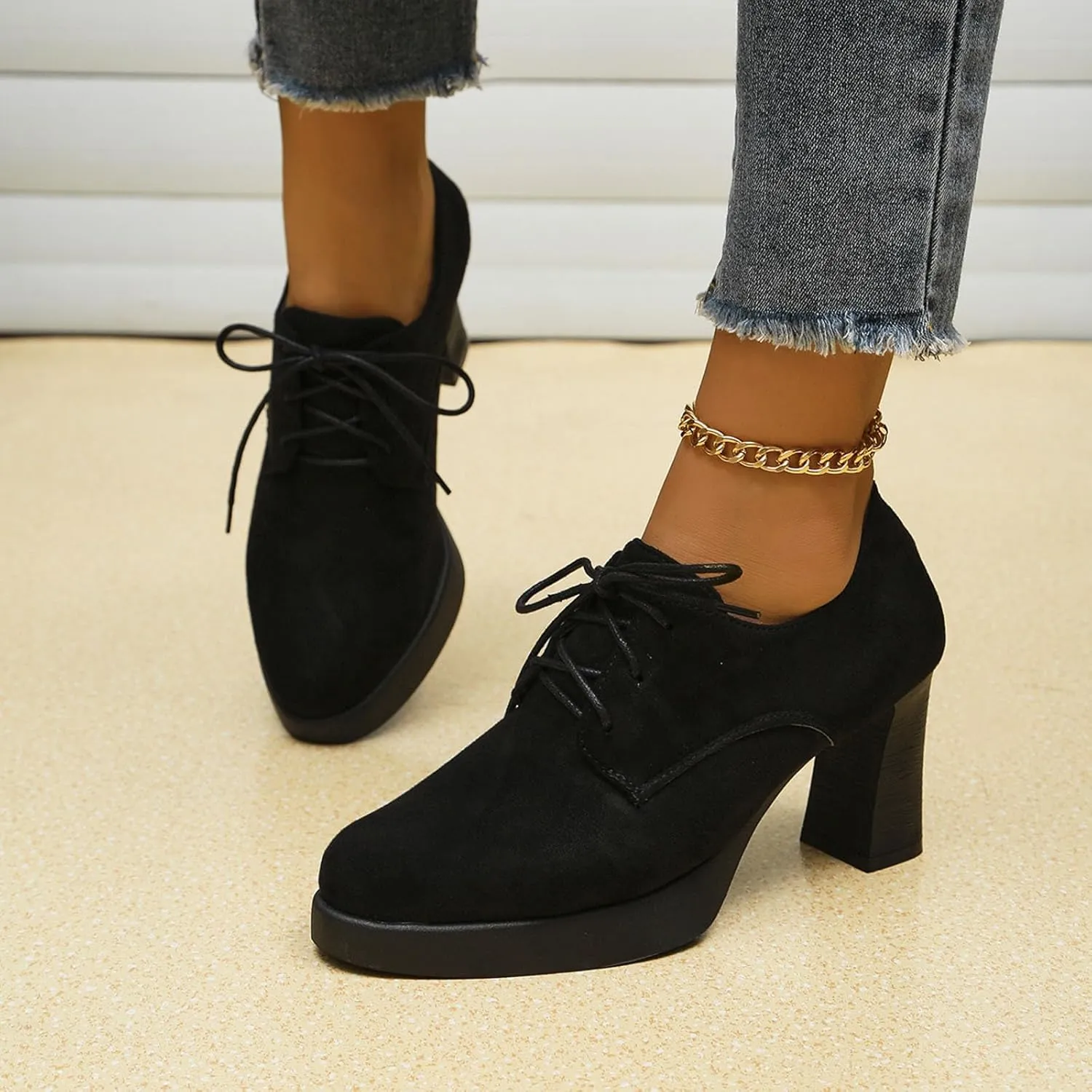 Women's Low Chunky Block Heels Pumps Comfortable Slip-on Heeled Loafers Closed Pointed Toe Heel Pumps