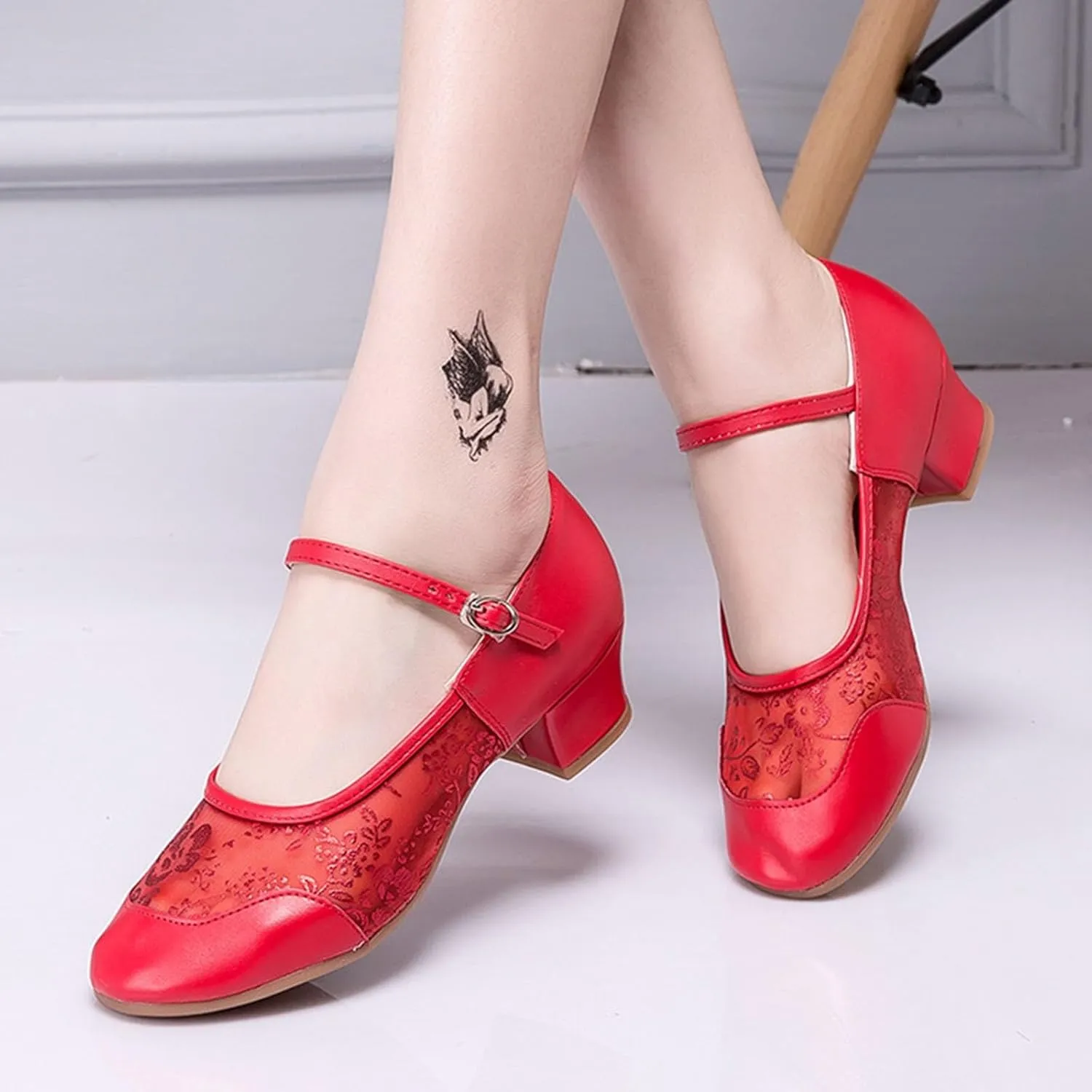 Women's Middle Heel Mesh Latin Dance Shoes Single Shoe Women's Low Chunky Block Heels Heeled Prom High Heels Wide Feet