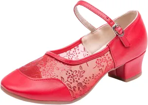 Women's Middle Heel Mesh Latin Dance Shoes Single Shoe Women's Low Chunky Block Heels Heeled Prom High Heels Wide Feet