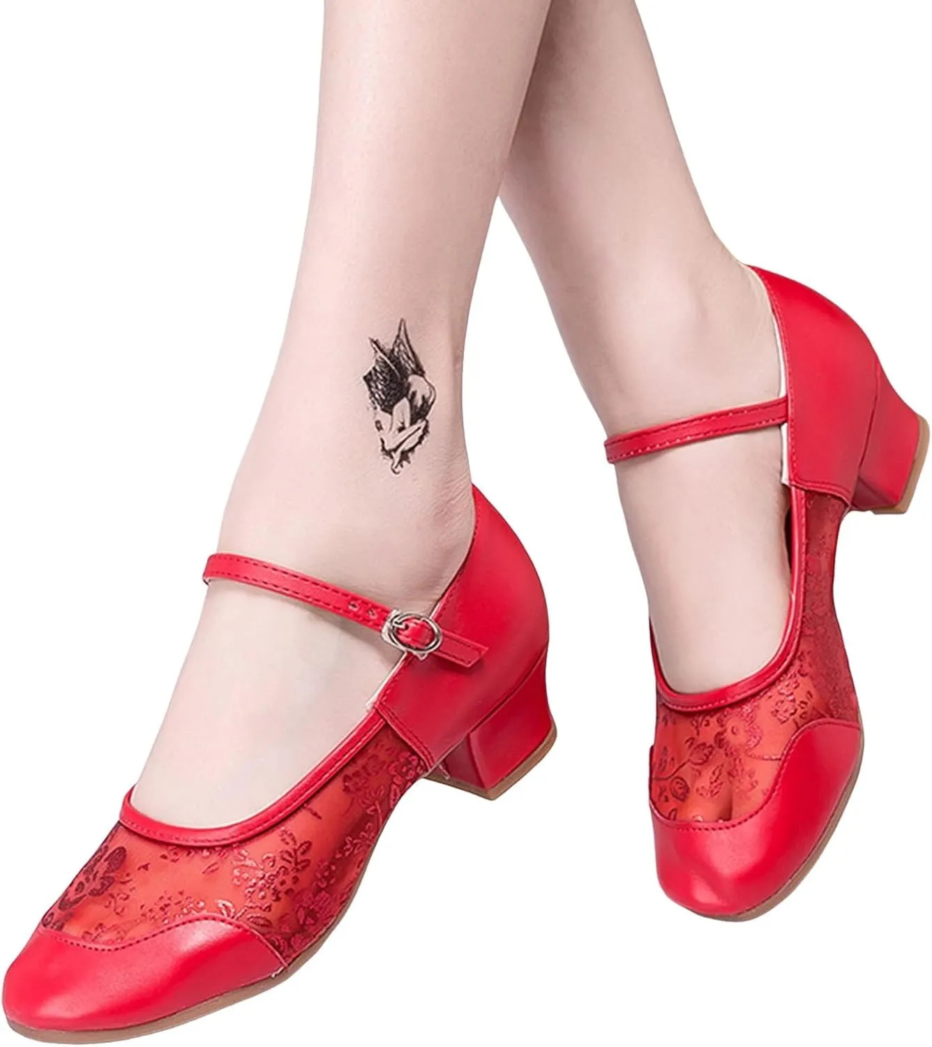 Women's Middle Heel Mesh Latin Dance Shoes Single Shoe Women's Low Chunky Block Heels Heeled Prom High Heels Wide Feet