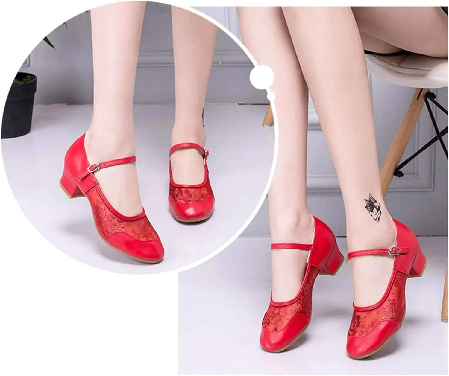 Women's Middle Heel Mesh Latin Dance Shoes Single Shoe Women's Low Chunky Block Heels Heeled Prom High Heels Wide Feet