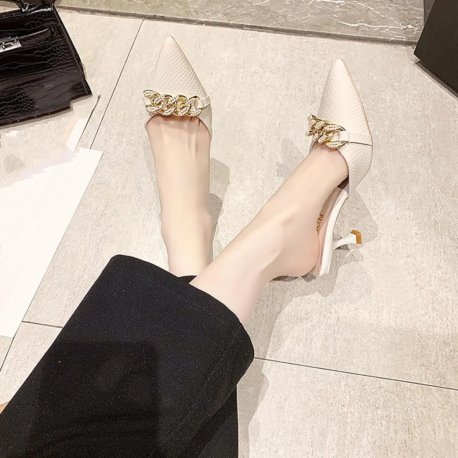 Women's Pointed Toe Kitten Heels Mule Sandals,Slip On Metal Decoration Mules Slides Backless Dress Sandals Sexy Party Pumps