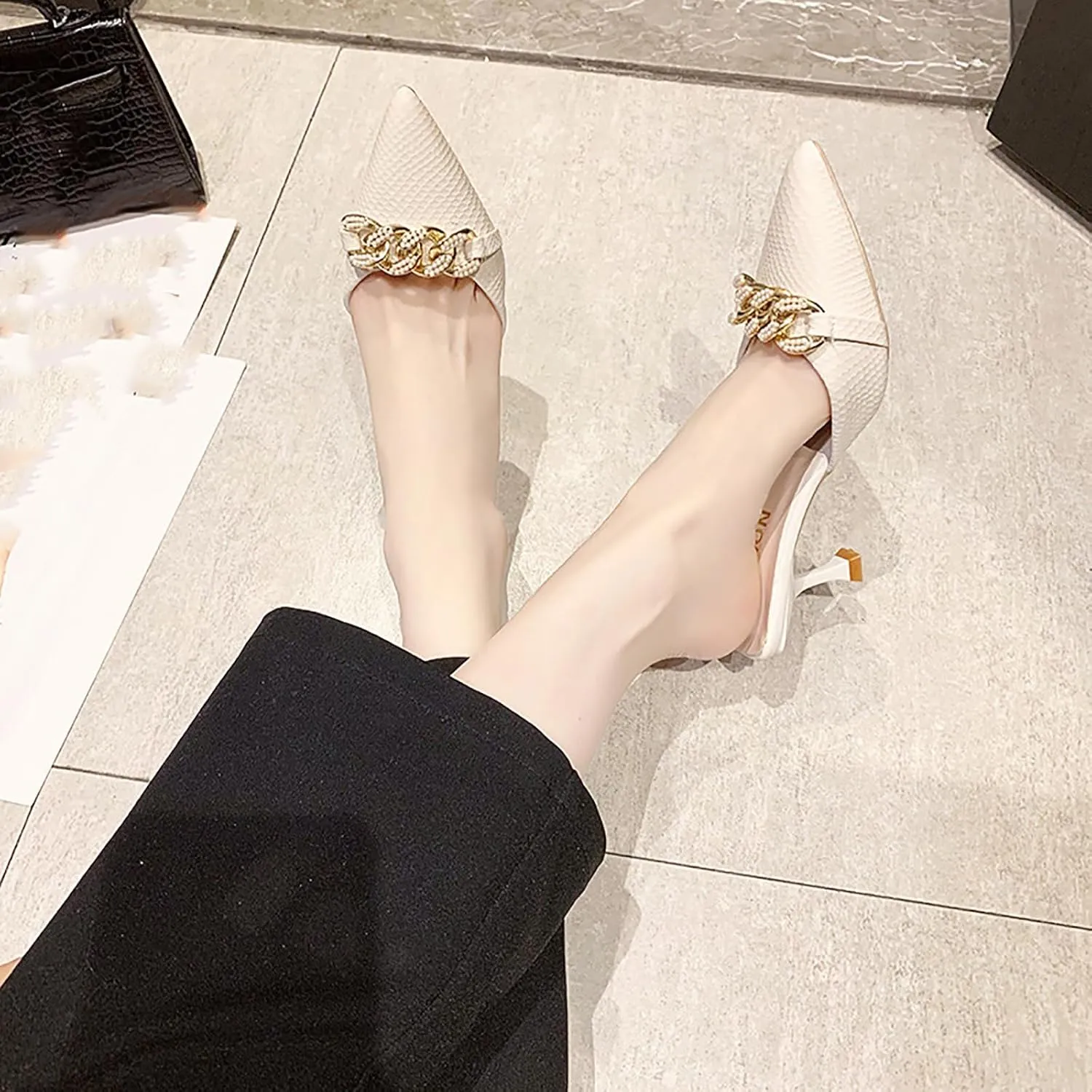 Women's Pointed Toe Kitten Heels Mule Sandals,Slip On Metal Decoration Mules Slides Backless Dress Sandals Sexy Party Pumps