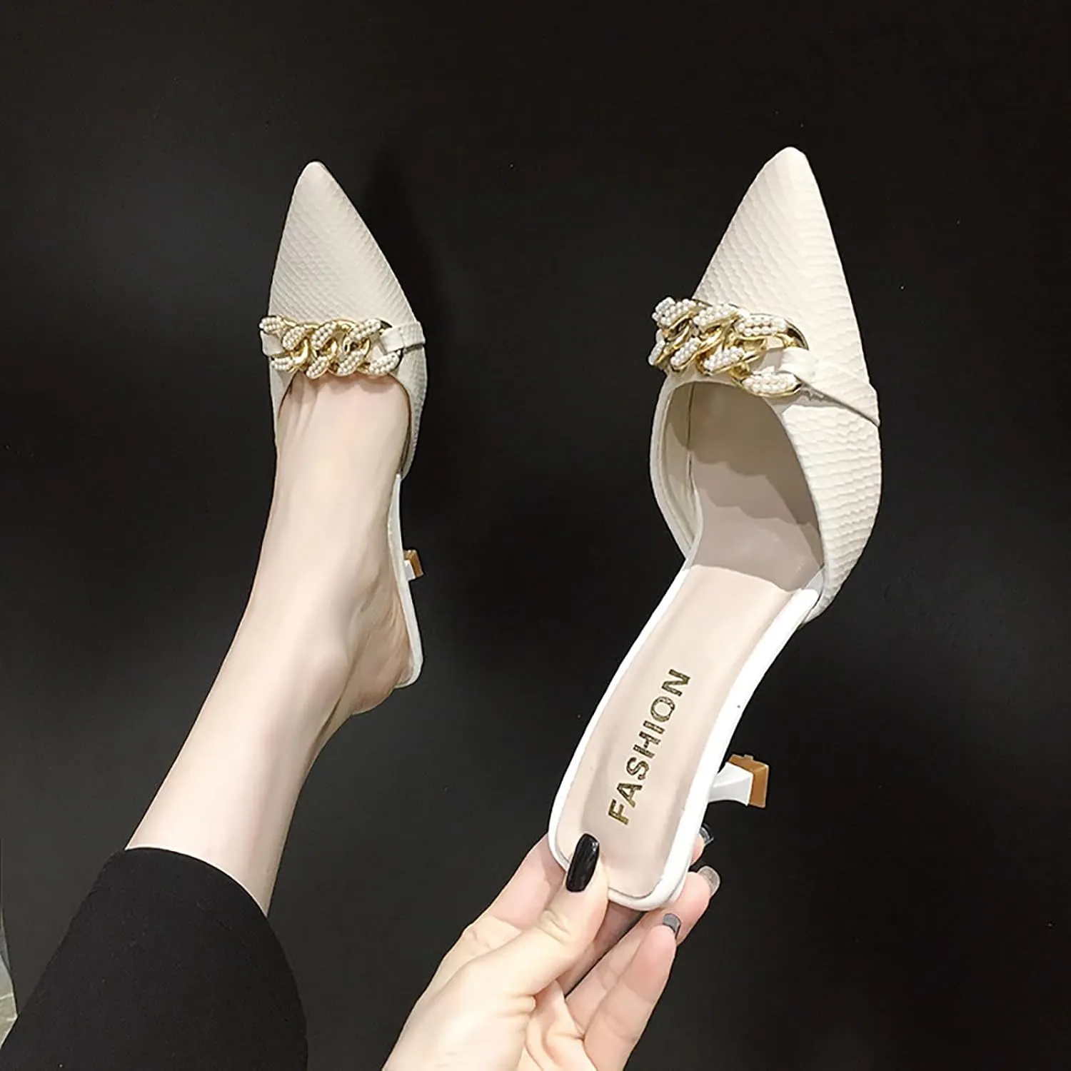 Women's Pointed Toe Kitten Heels Mule Sandals,Slip On Metal Decoration Mules Slides Backless Dress Sandals Sexy Party Pumps