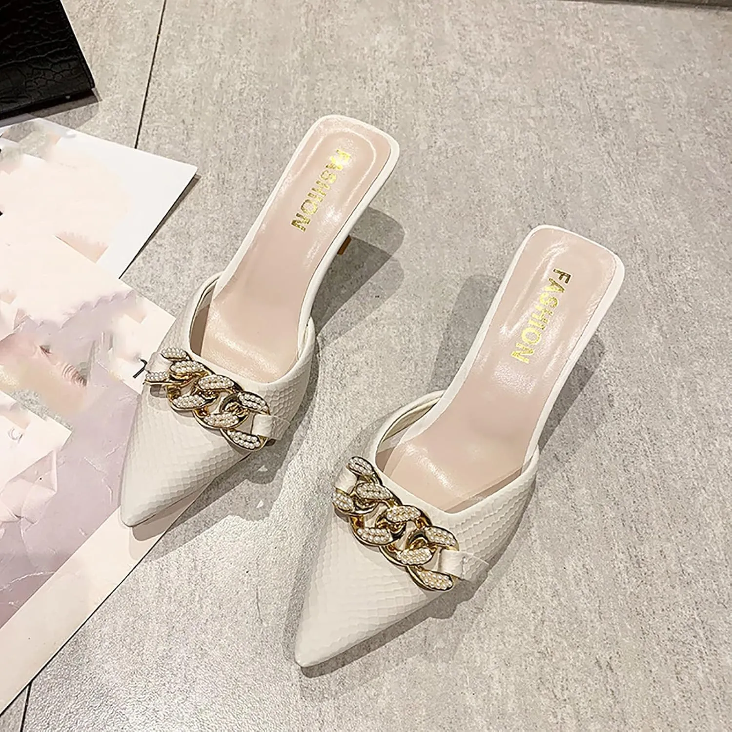 Women's Pointed Toe Kitten Heels Mule Sandals,Slip On Metal Decoration Mules Slides Backless Dress Sandals Sexy Party Pumps