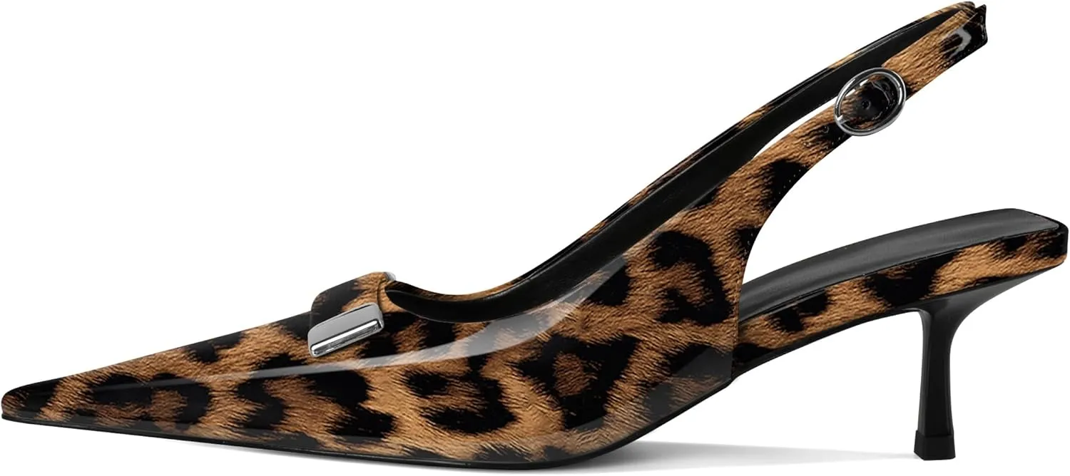 Women's Pointed Toe Slingback Heels Metal Buckle Ankle Strap Kitten Low Heel Pumps 2 Inch Stylish Retro Women Shoes