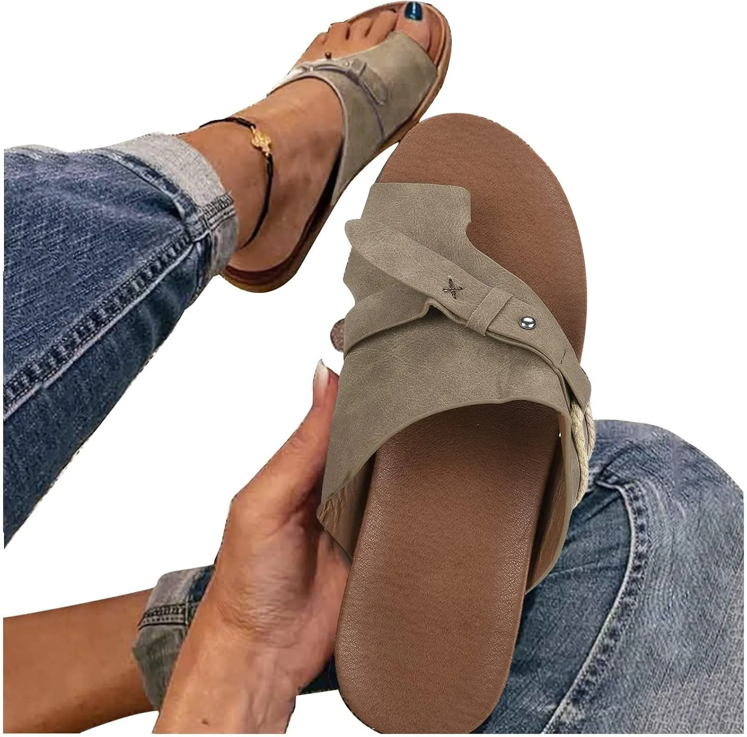 Women's Slide Sandals, Flat Sandals for Women Cute Dressy Toe Ring Open Toe Slip on Slides Comfortable Summer Flip Flops Thong Beach Shoes (a-Khaki, 8)