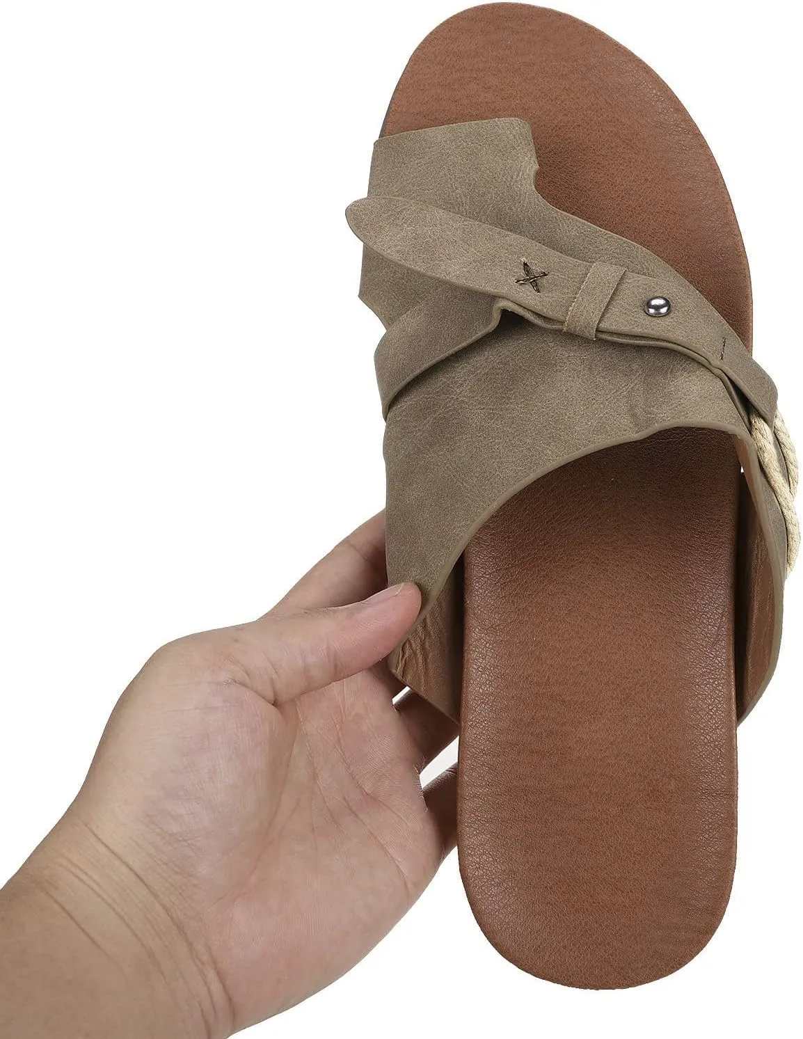Women's Slide Sandals, Flat Sandals for Women Cute Dressy Toe Ring Open Toe Slip on Slides Comfortable Summer Flip Flops Thong Beach Shoes (a-Khaki, 8)
