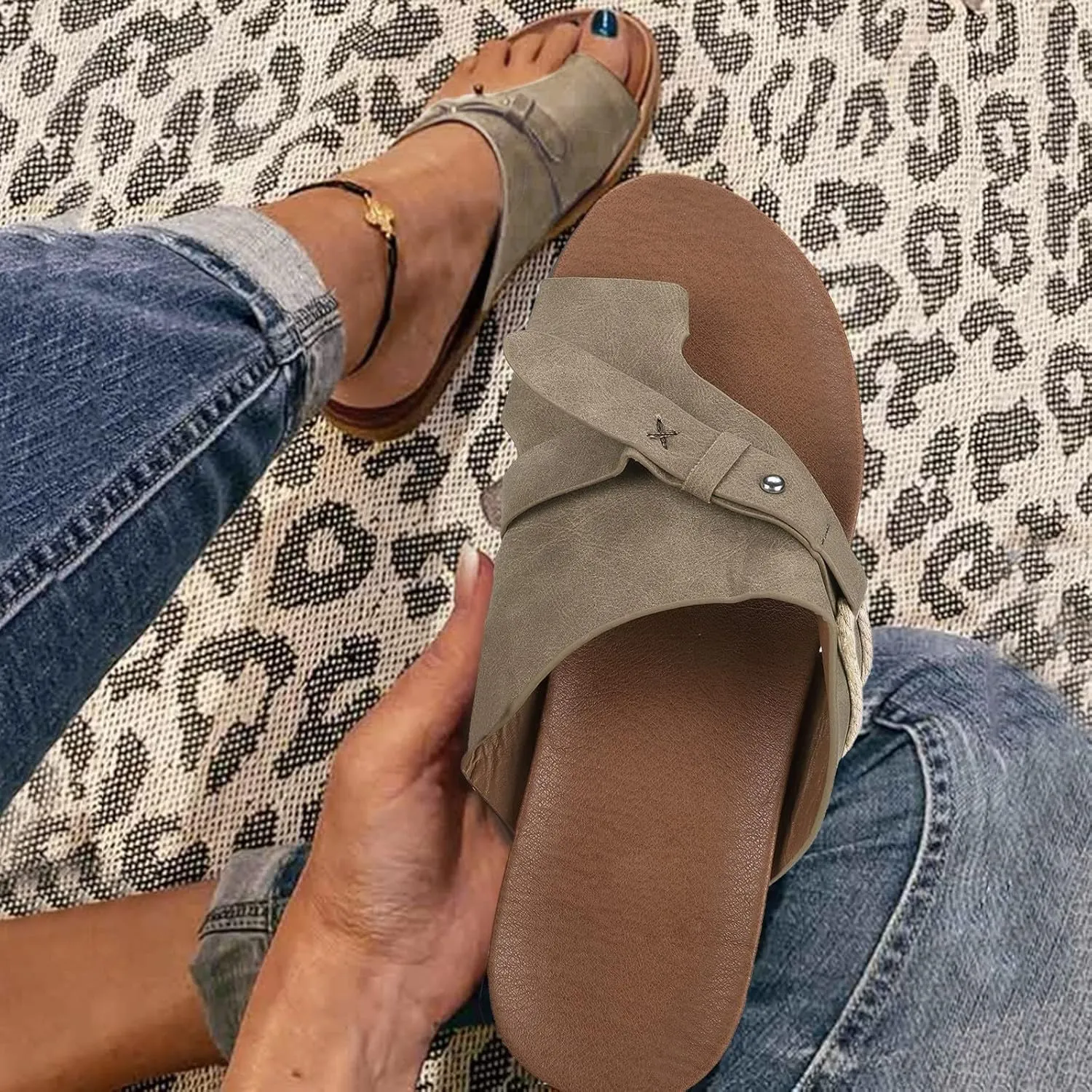 Women's Slide Sandals, Flat Sandals for Women Cute Dressy Toe Ring Open Toe Slip on Slides Comfortable Summer Flip Flops Thong Beach Shoes (a-Khaki, 8)