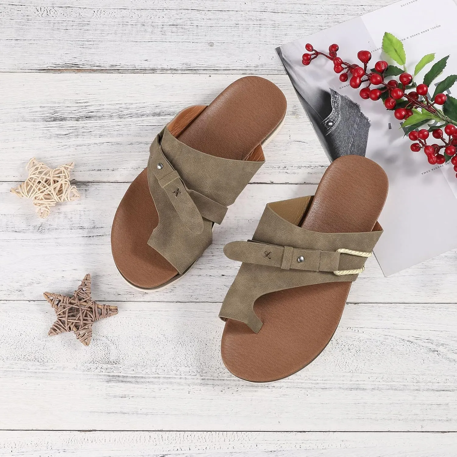 Women's Slide Sandals, Flat Sandals for Women Cute Dressy Toe Ring Open Toe Slip on Slides Comfortable Summer Flip Flops Thong Beach Shoes (a-Khaki, 8)