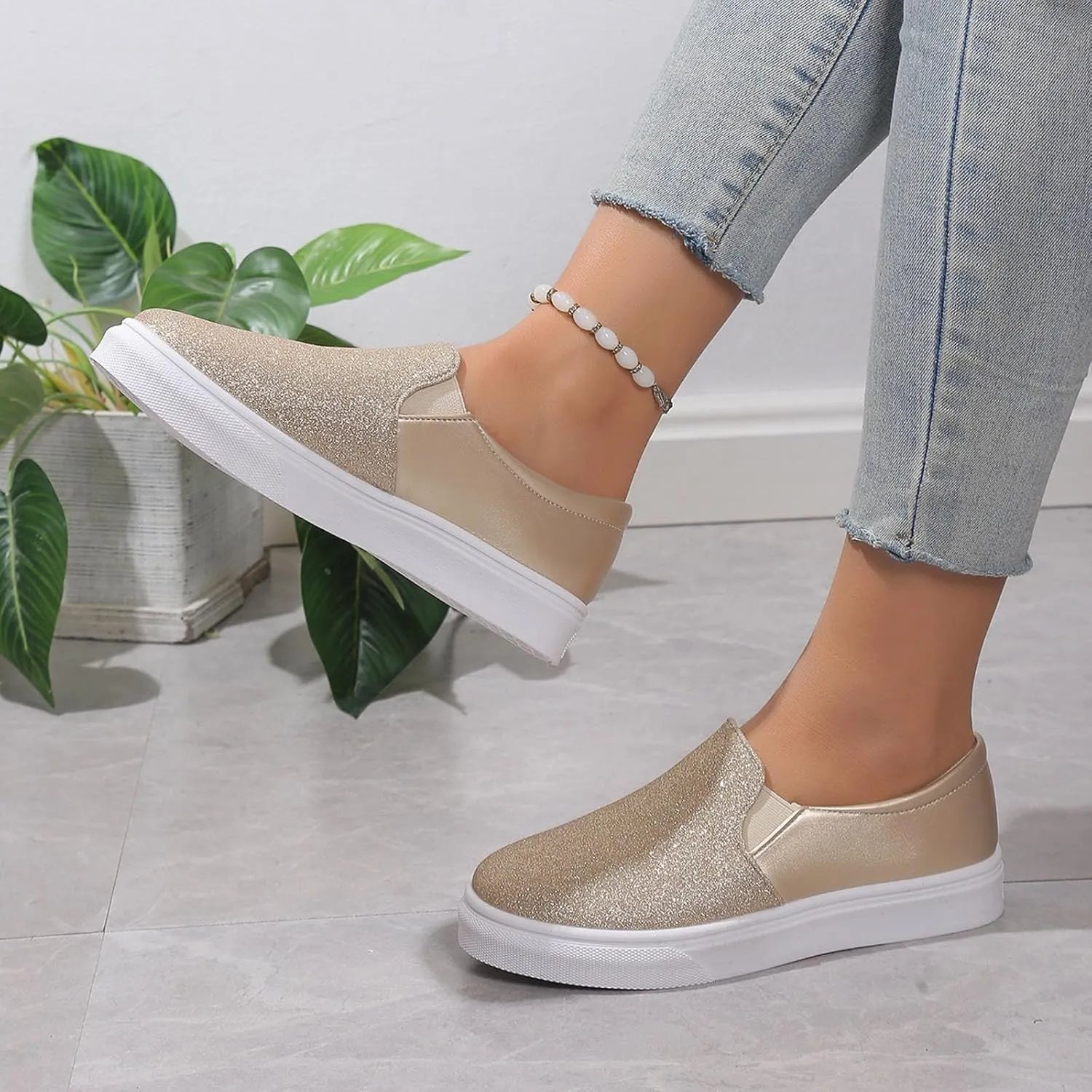 Women's Slip On Walking Shoes Flat Bottom Sequins Canvas Shoes Arch Support Orthopedic Low Top Loafer Shoes