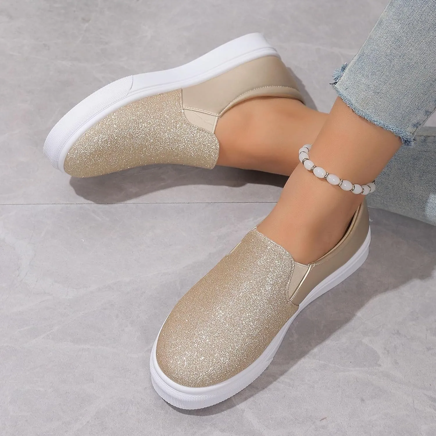 Women's Slip On Walking Shoes Flat Bottom Sequins Canvas Shoes Arch Support Orthopedic Low Top Loafer Shoes
