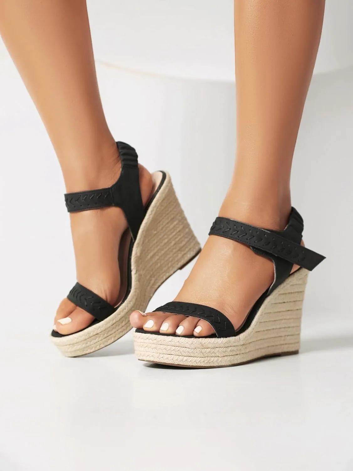 Women's Wedge Sandals Ankle Strap Espadrilles Wedge Heels Sandals Open Toe Casual Platform Sandals Slip on Elastic Ankle Strap Sandals for Women