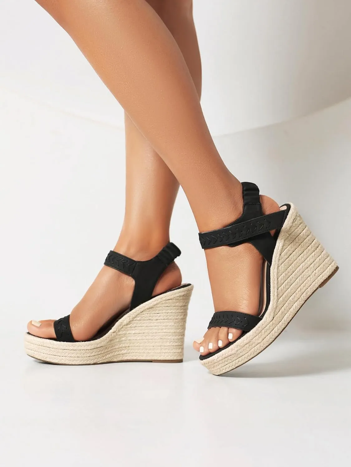 Women's Wedge Sandals Ankle Strap Espadrilles Wedge Heels Sandals Open Toe Casual Platform Sandals Slip on Elastic Ankle Strap Sandals for Women