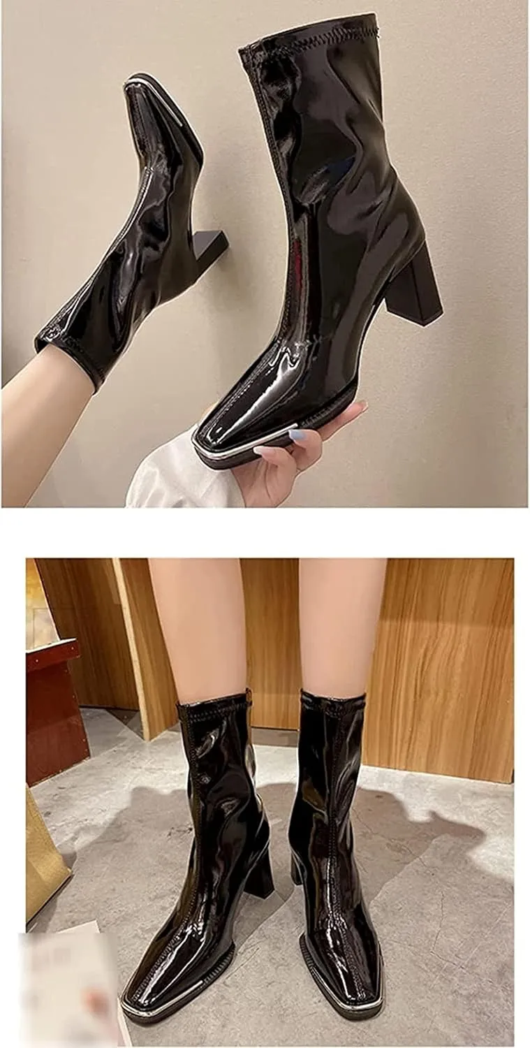 Yiozoi Women's Warm Boots Square Toe Autumn and Winter Durable Leisure Outdoor Block Heel Women's Leisure Patent Leather Boots