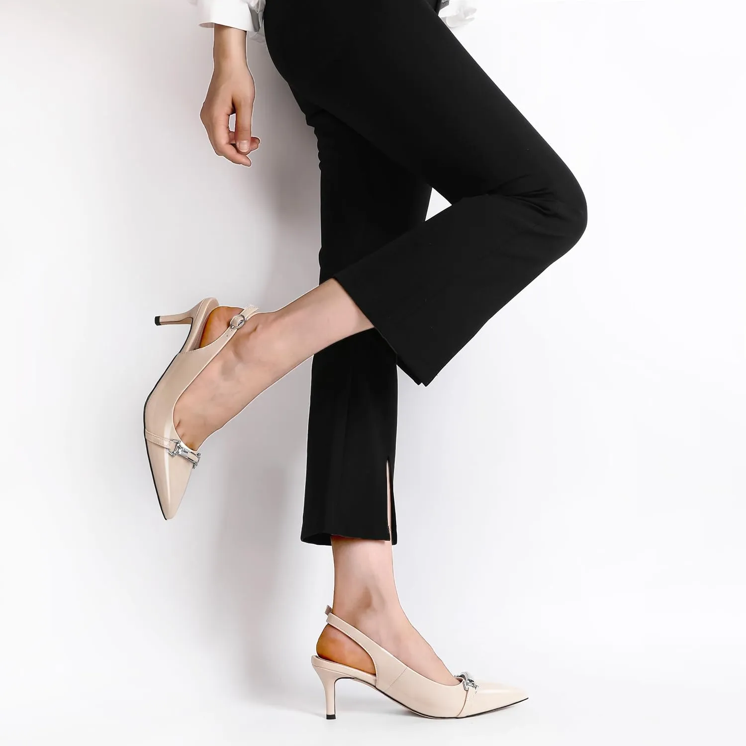 YODEKS Women's Slingback Heels Pointed Toe Low Heel Pumps Silver Buckle 2.5 Inch Shoes Patent Size 5-13