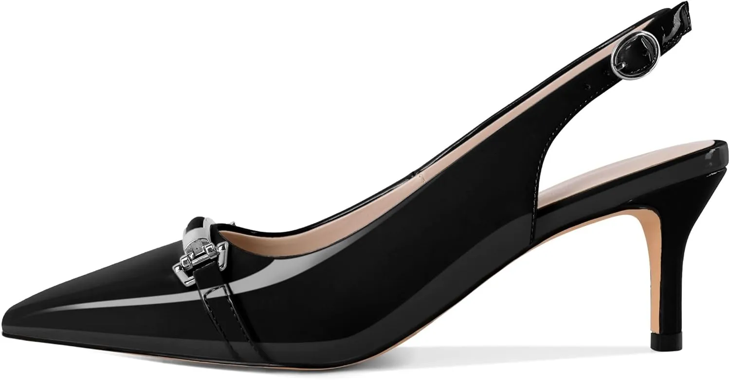 YODEKS Women's Slingback Heels Pointed Toe Low Heel Pumps Silver Buckle 2.5 Inch Shoes Patent Size 5-13