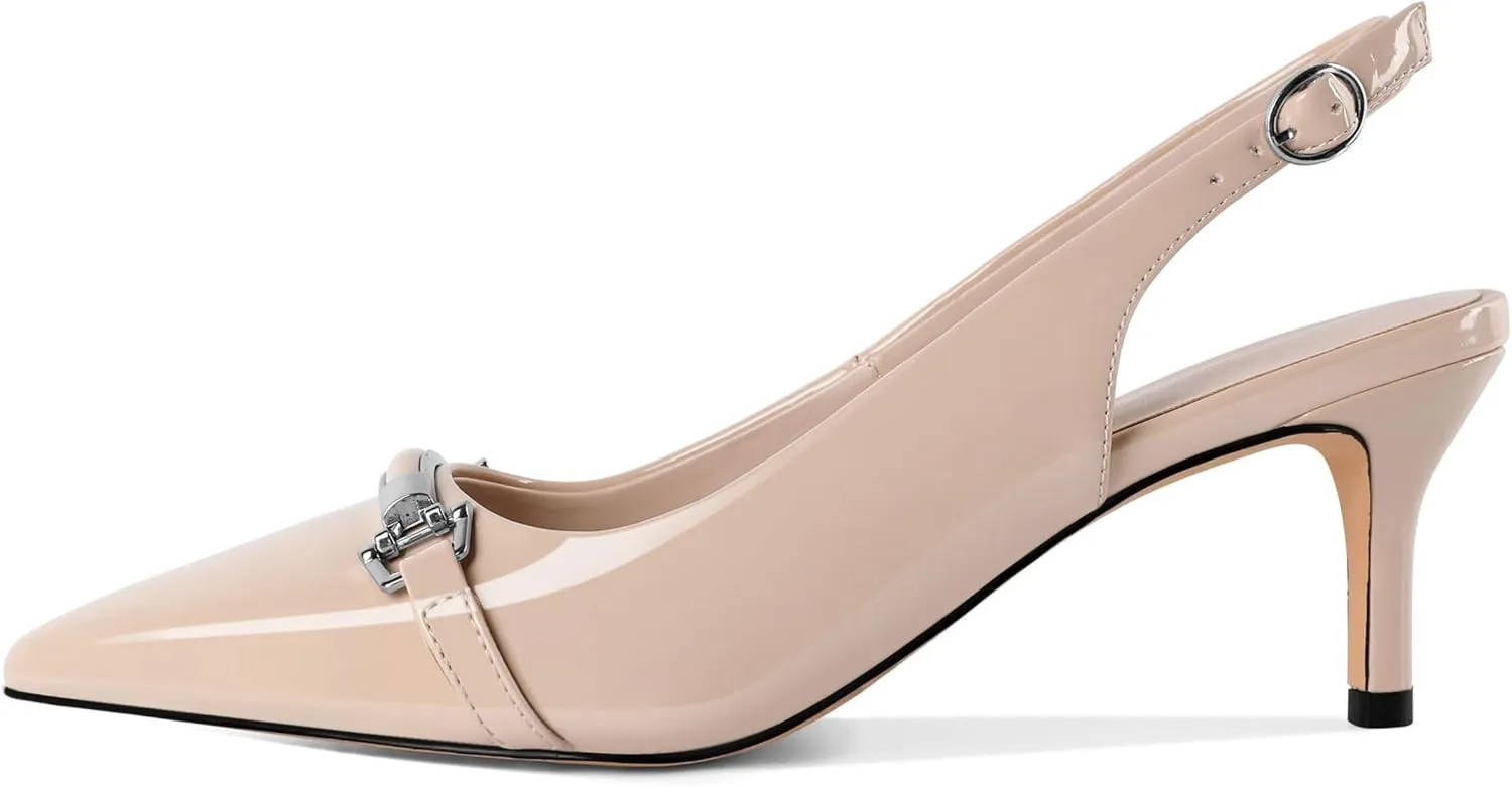 YODEKS Women's Slingback Heels Pointed Toe Low Heel Pumps Silver Buckle 2.5 Inch Shoes Patent Size 5-13