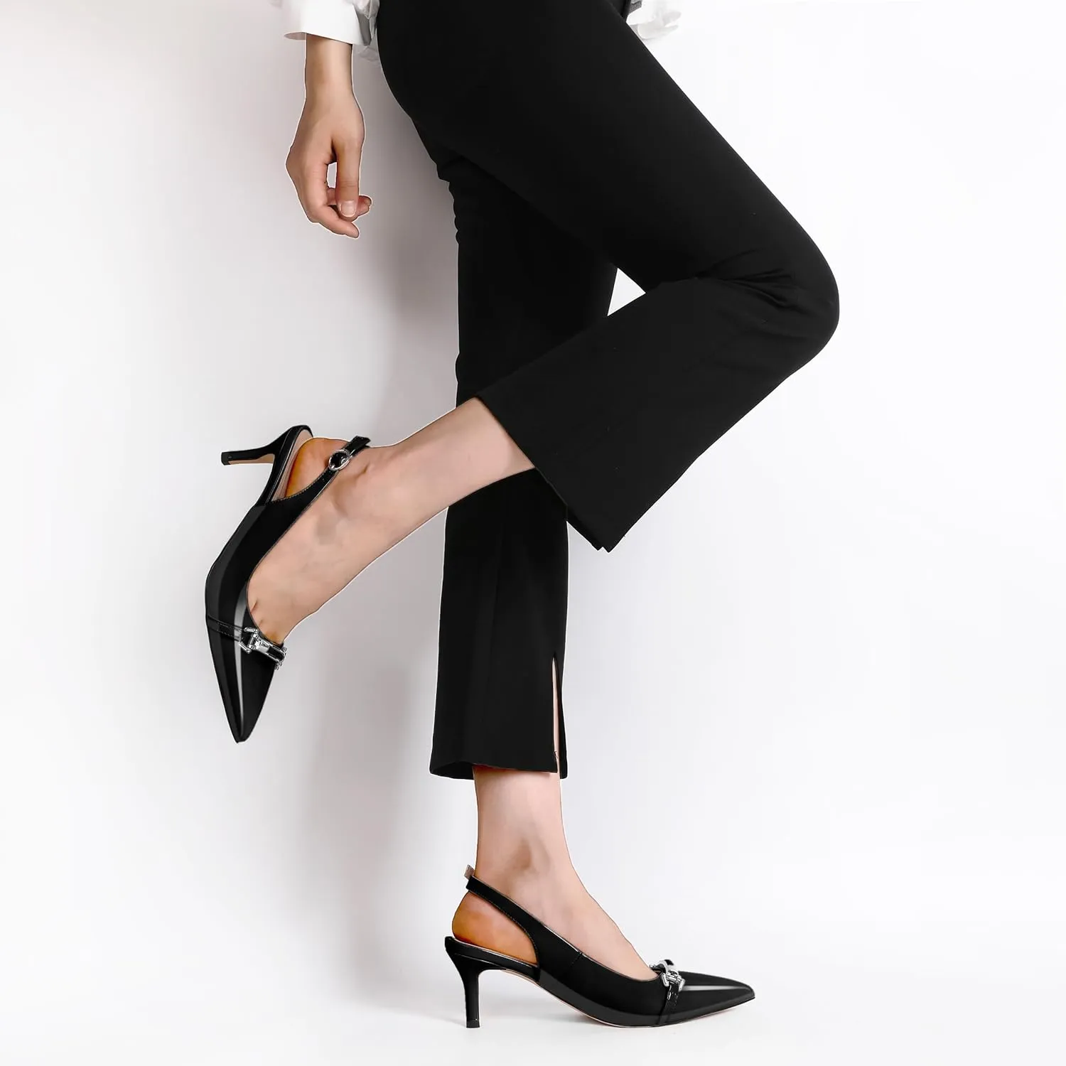 YODEKS Women's Slingback Heels Pointed Toe Low Heel Pumps Silver Buckle 2.5 Inch Shoes Patent Size 5-13