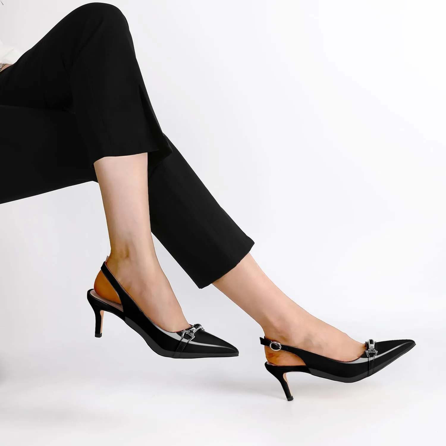 YODEKS Women's Slingback Heels Pointed Toe Low Heel Pumps Silver Buckle 2.5 Inch Shoes Patent Size 5-13
