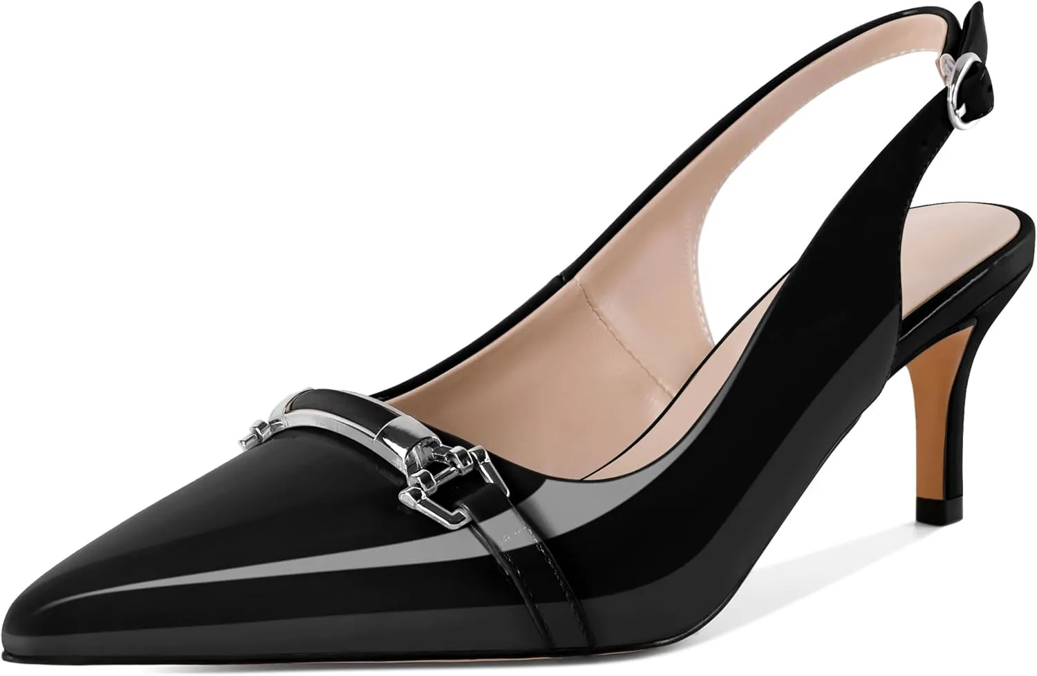YODEKS Women's Slingback Heels Pointed Toe Low Heel Pumps Silver Buckle 2.5 Inch Shoes Patent Size 5-13