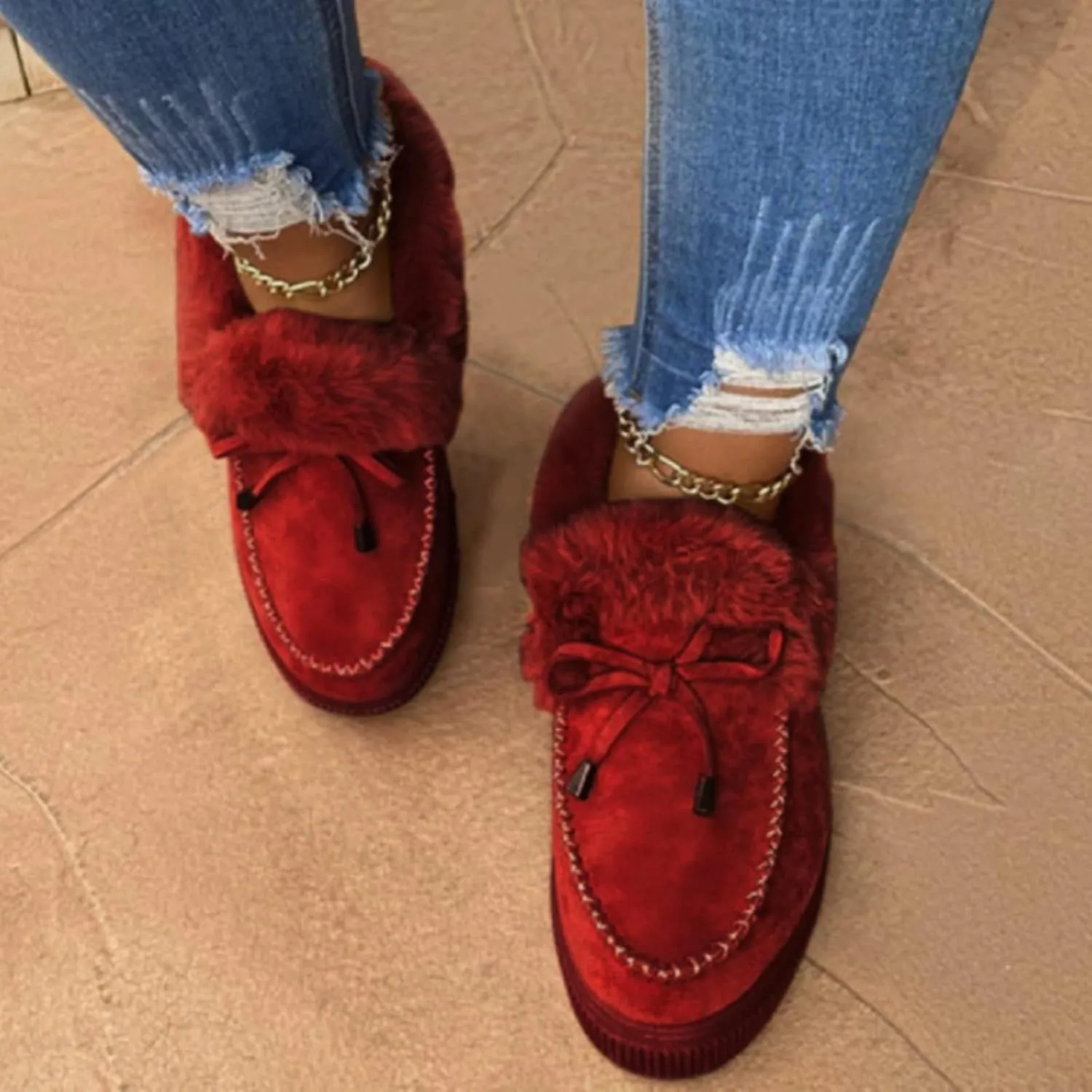 ZBYY Women's Flat Boots Warm Durable Shoes Winter Fur Lining Ankle Snow Boots Flats Platform Thick Plush Walking Loafer