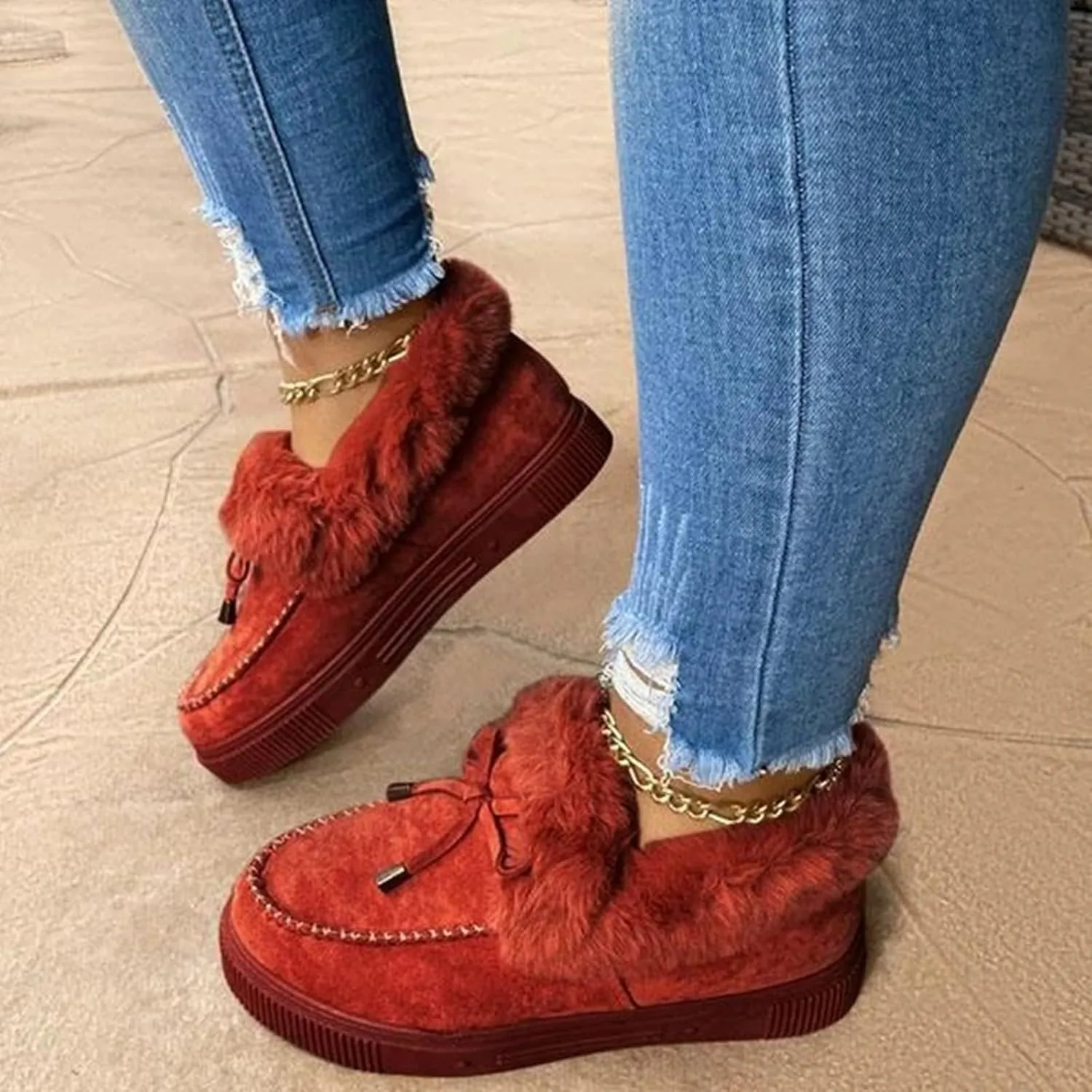 ZBYY Women's Flat Boots Warm Durable Shoes Winter Fur Lining Ankle Snow Boots Flats Platform Thick Plush Walking Loafer