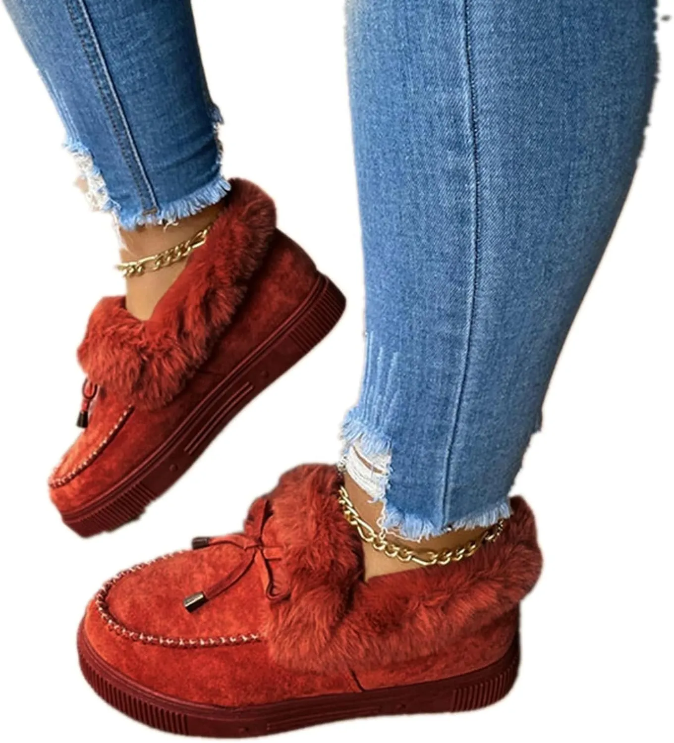 ZBYY Women's Flat Boots Warm Durable Shoes Winter Fur Lining Ankle Snow Boots Flats Platform Thick Plush Walking Loafer