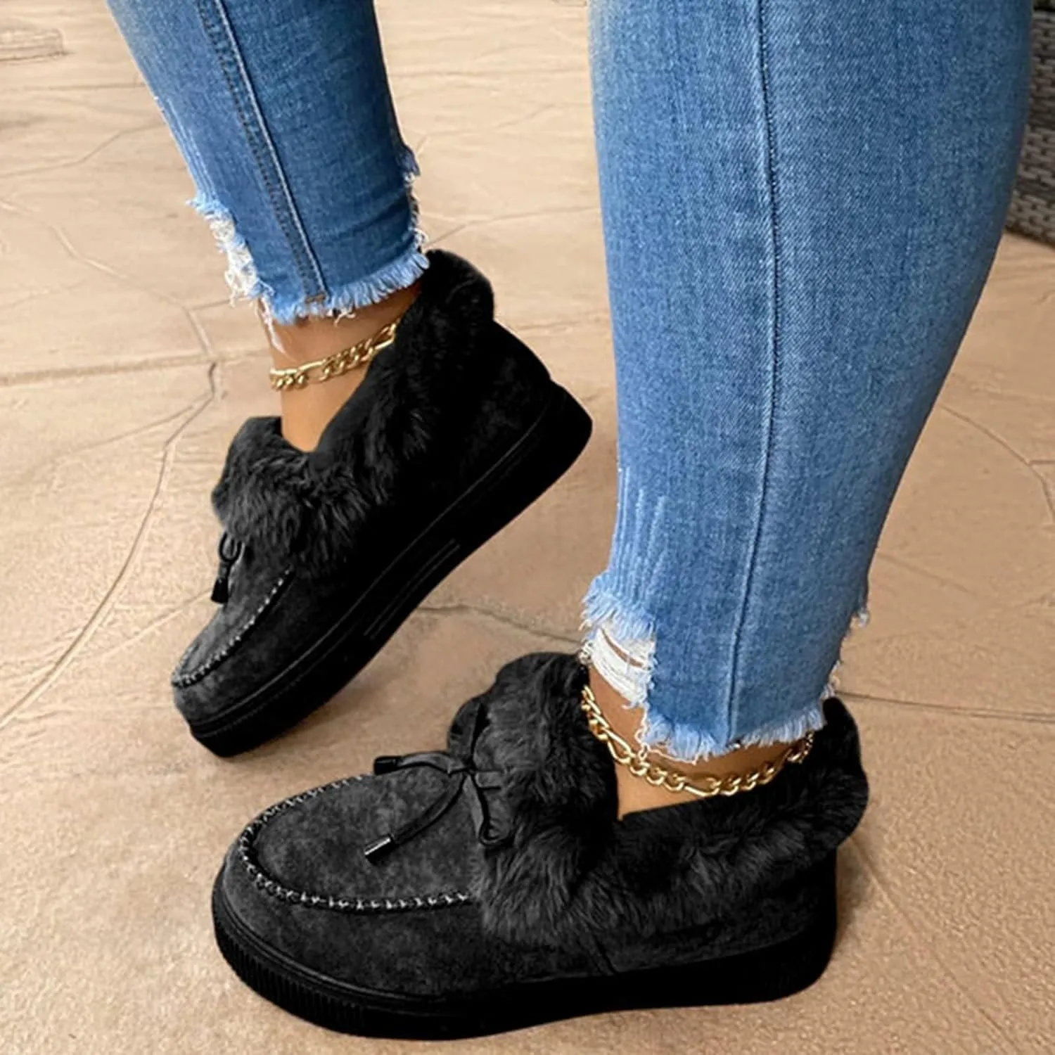 ZBYY Women's Winter Flat Boots Warm Durable Shoes Fur Lining Ankle Snow Boots Flats Platform Thick Plush Walking Loafer