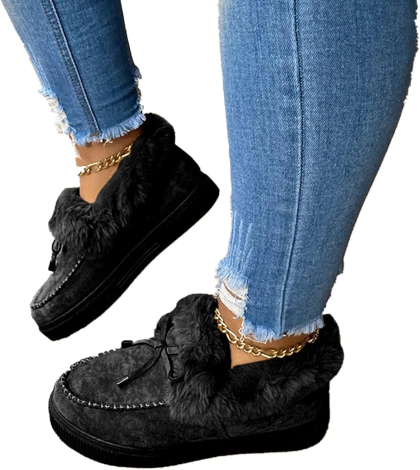 ZBYY Women's Winter Flat Boots Warm Durable Shoes Fur Lining Ankle Snow Boots Flats Platform Thick Plush Walking Loafer
