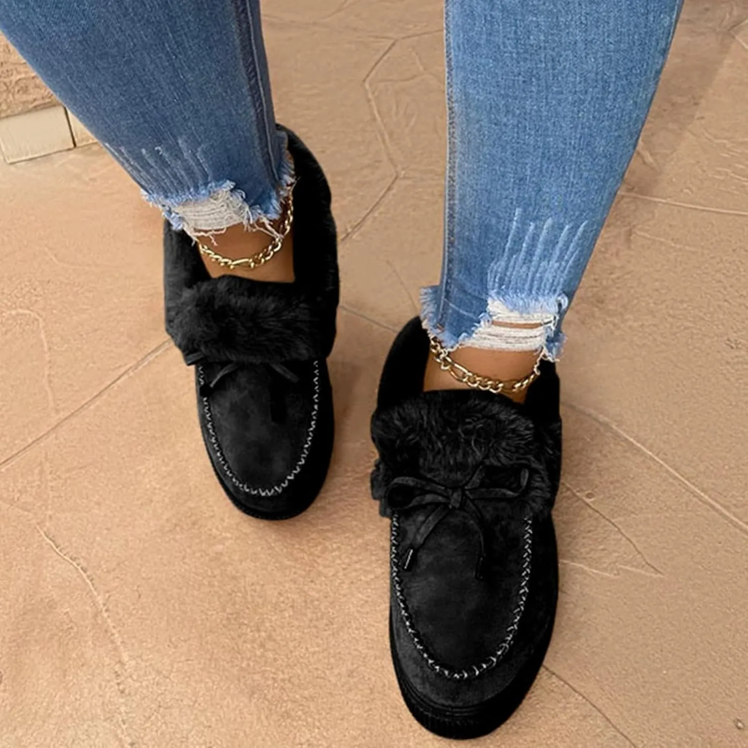 ZBYY Women's Winter Flat Boots Warm Durable Shoes Fur Lining Ankle Snow Boots Flats Platform Thick Plush Walking Loafer