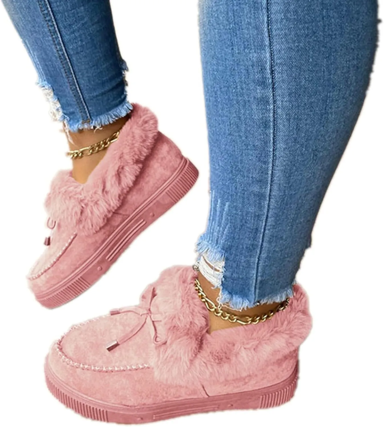 ZBYY Women's Winter Flat Boots Warm Durable Shoes Fur Lining Ankle Snow Boots Flats Platform Thick Plush Walking Loafer
