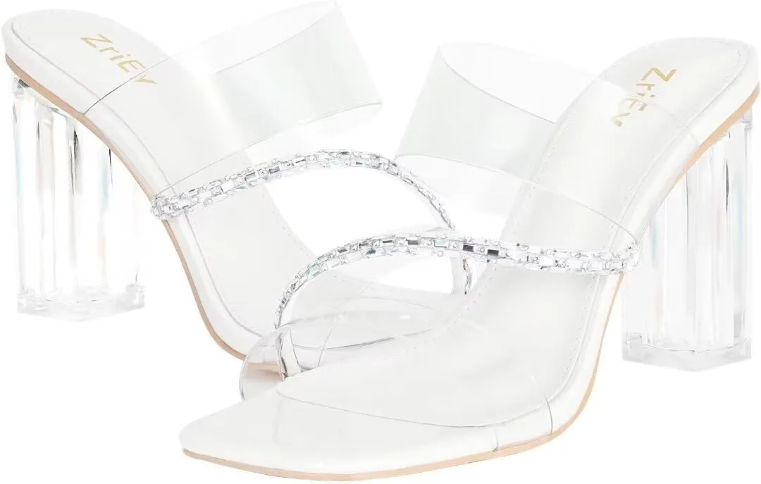 ZriEy Clear Block Sandals Chunky Heels for Women 3.74 Inch High Heels Open Toe Weddings Parties Daily Wear Pump Sandals